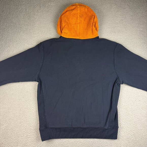 Champion Hoodie Men's Large Spell Out Corduroy Navy Blue Hood Sweatshirt Jumper - Picture 5 of 9